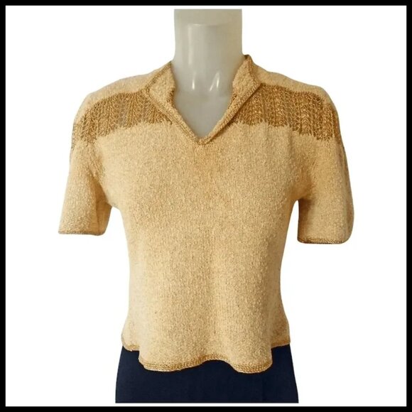 Vintage Cropped Sweater with Metallic Gold, Short Sleeves, 40s Top VFG - Picture 6 of 13